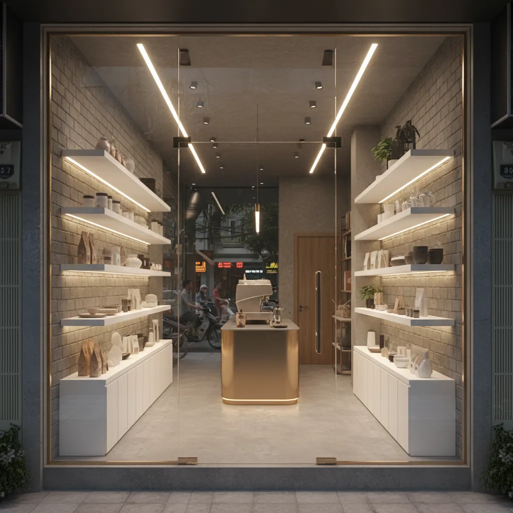 Modern retail shop front with glass entrance gold counter brick walls and white wall shelves