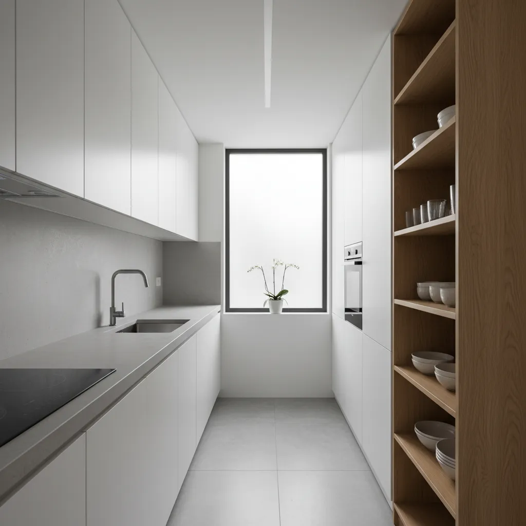 Narrow white kitchen with wood shelves on the right and a window at the end