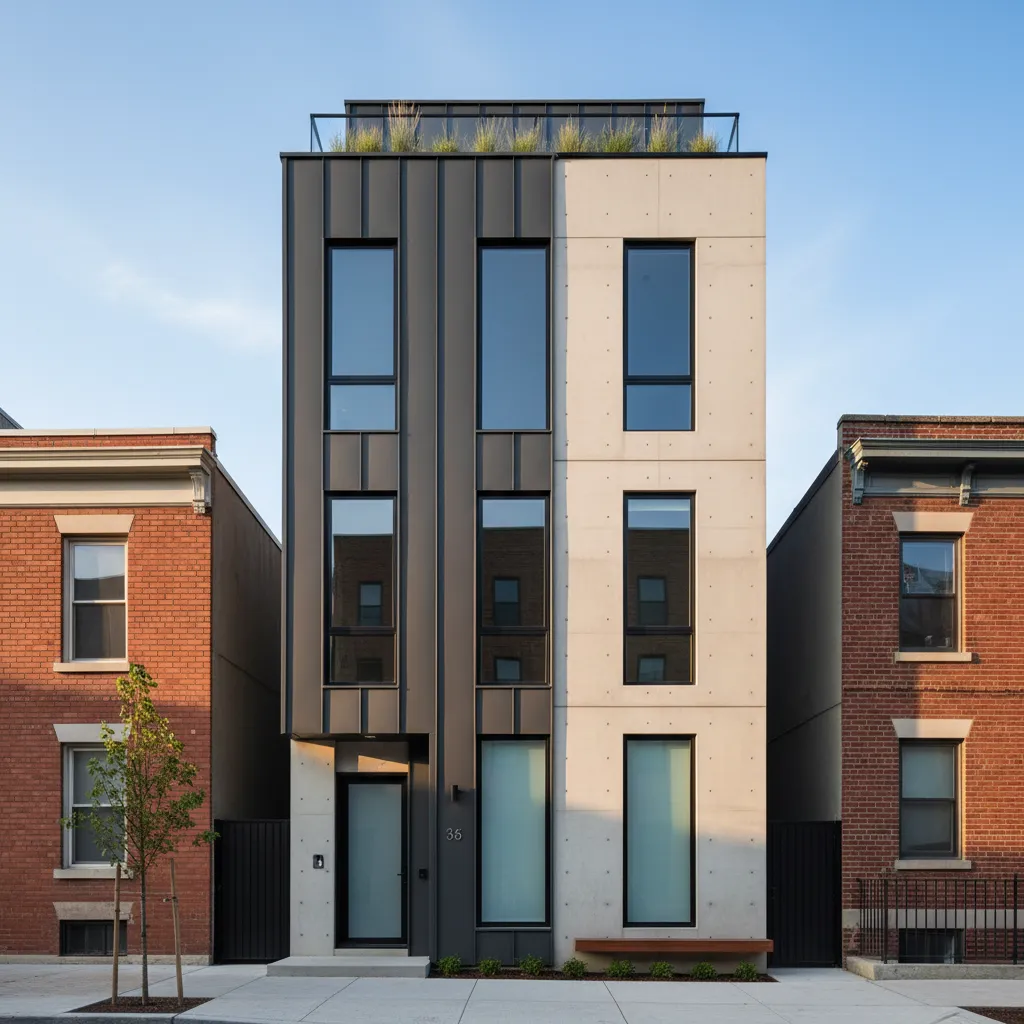Casa estrecha de dos pisos en terreno urbano pequeño