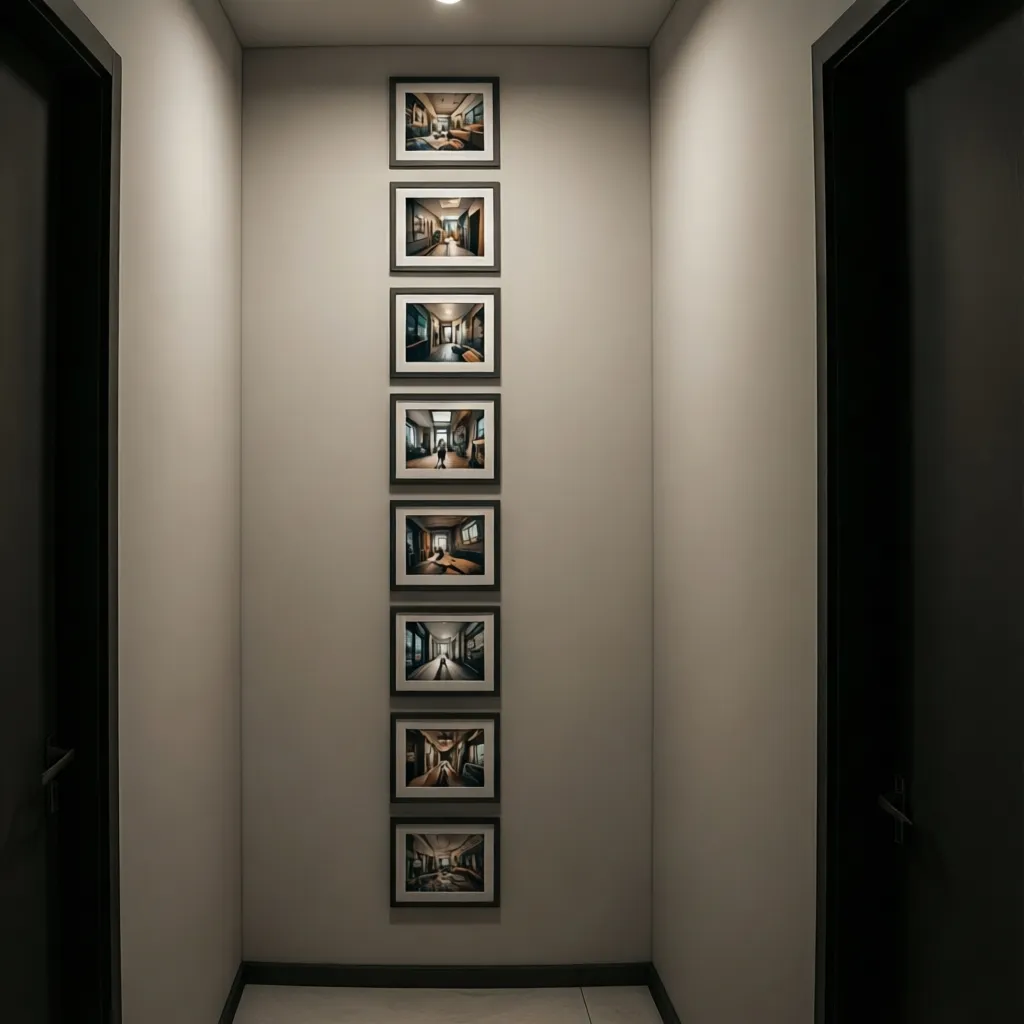 Vertical arrangement of framed photos on a narrow wall