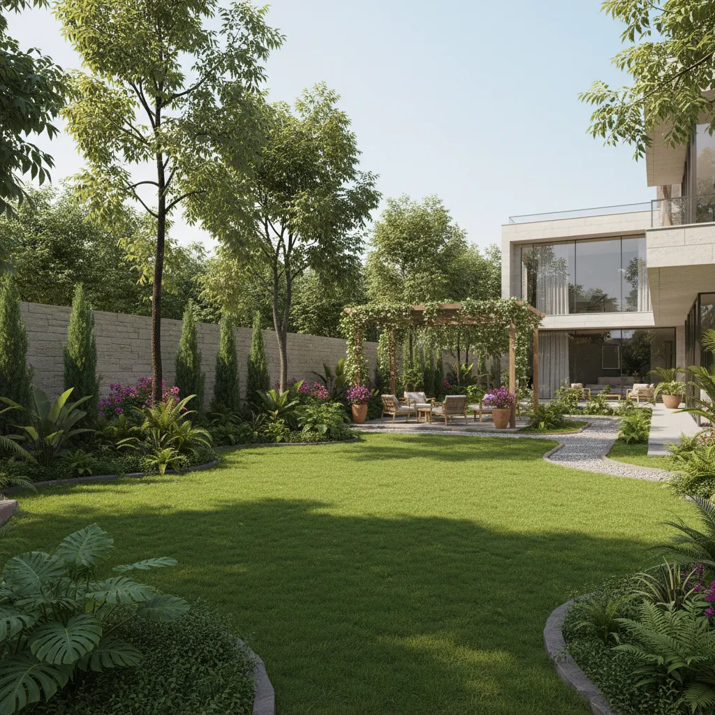 Native Indian trees used in residential landscape design along boundary