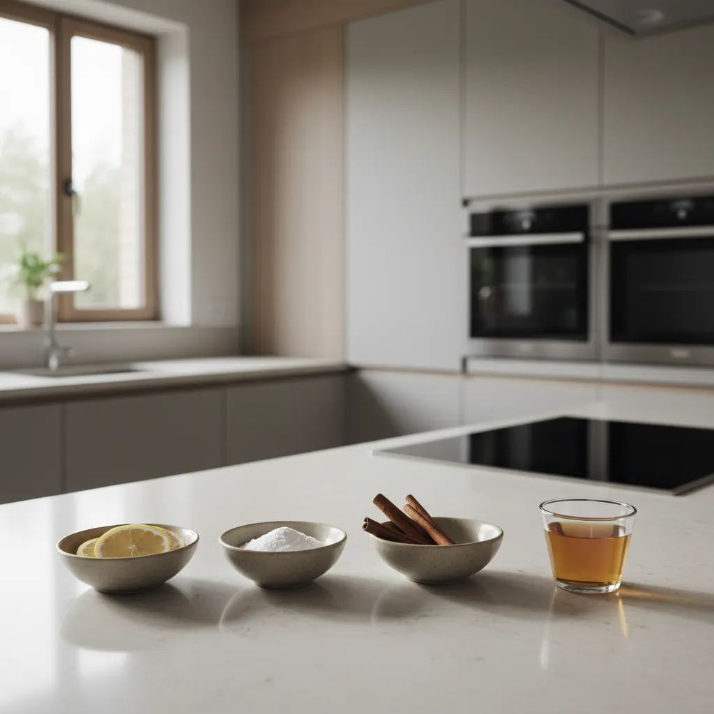 vinegar lemon cinnamon and baking soda arranged on kitchen counter for natural ant control