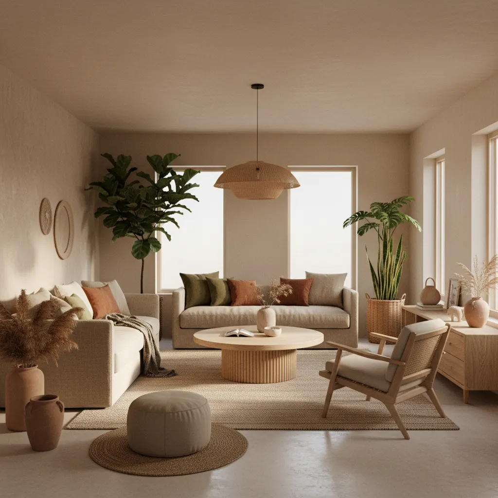 Natural AU decor living room with wood textures linen fabrics and indoor plants