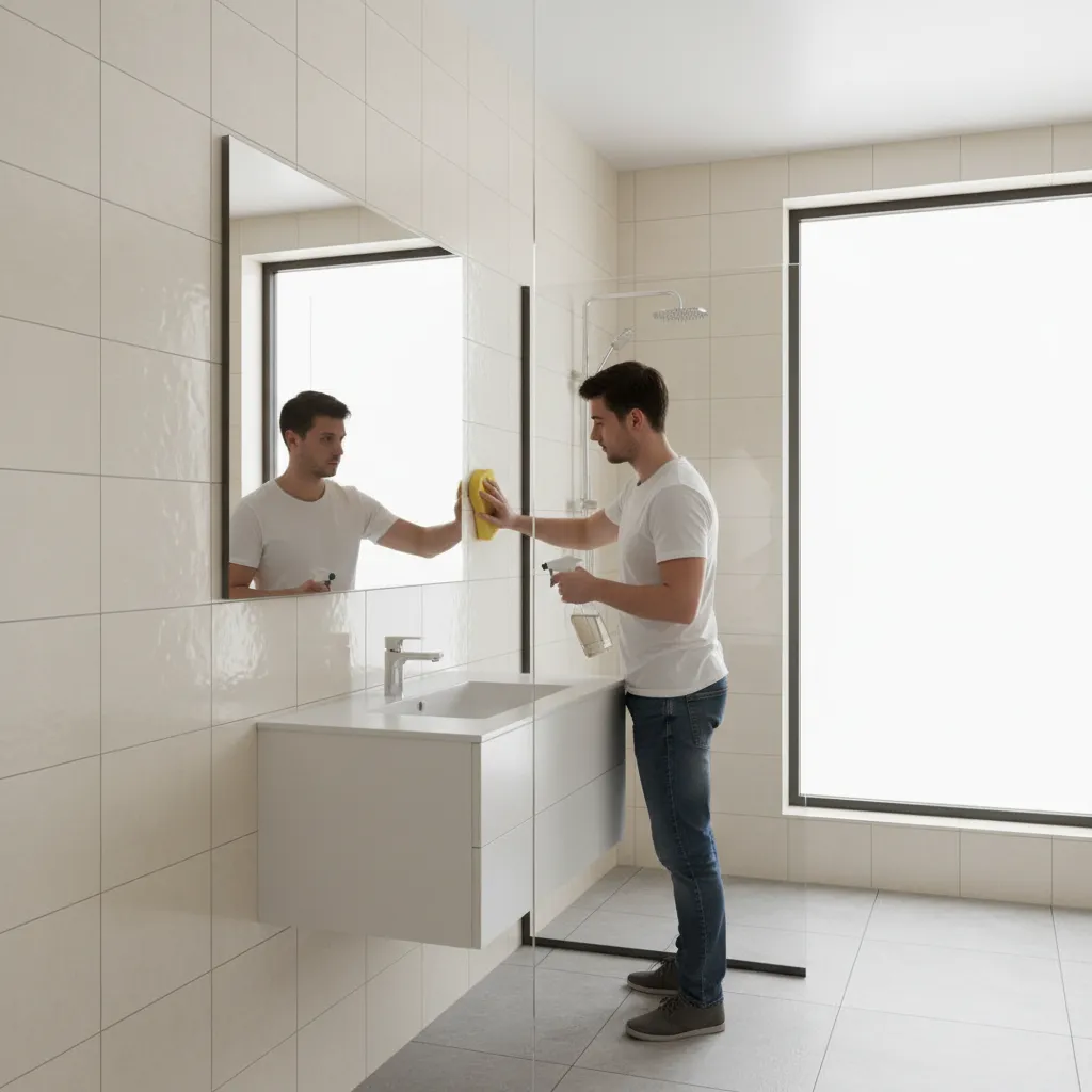 Cleaning bathroom tiles using vinegar spray and sponge