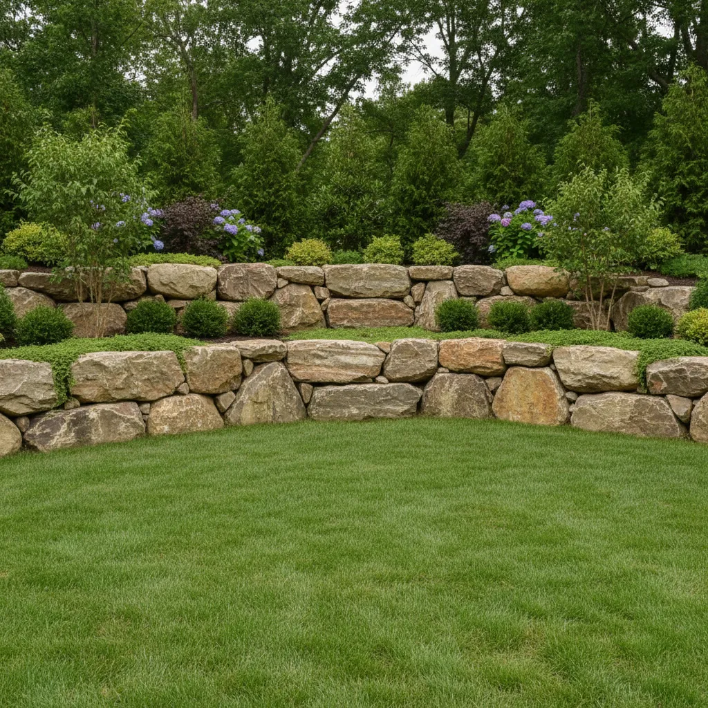 natural stone boulder retaining wall in residential backyard landscape