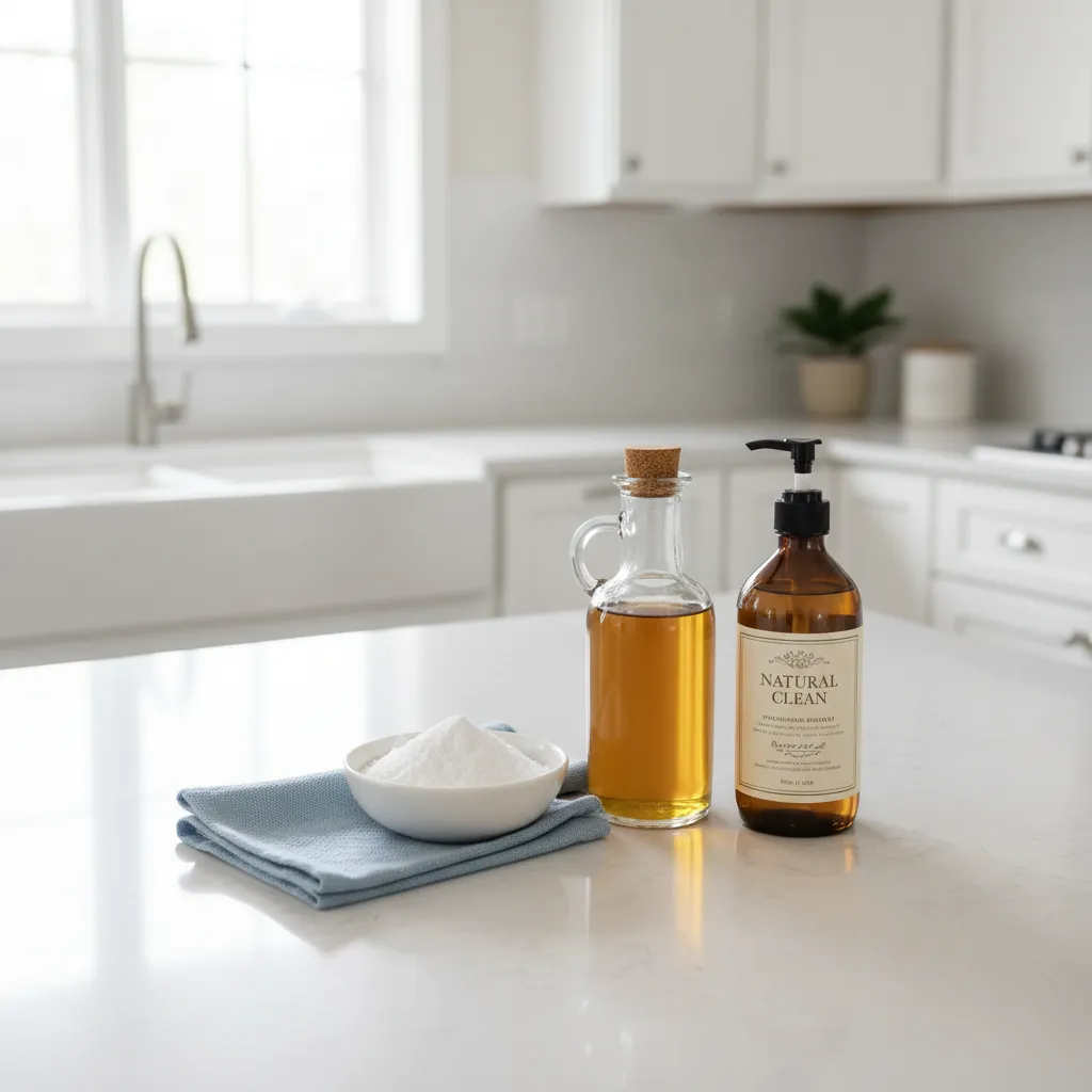 Natural cleaning supplies including baking soda vinegar and dish soap for cabinet cleaning