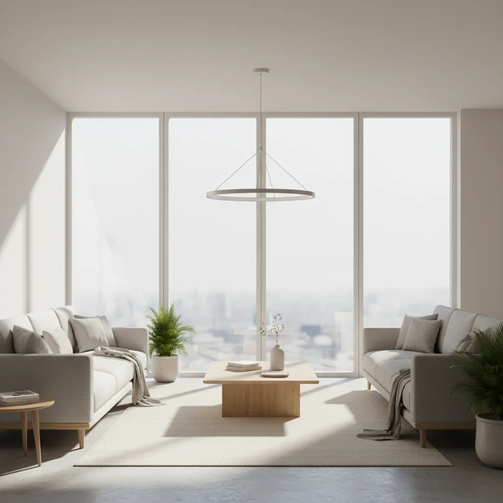3D rendered living room with natural daylight entering through large windows
