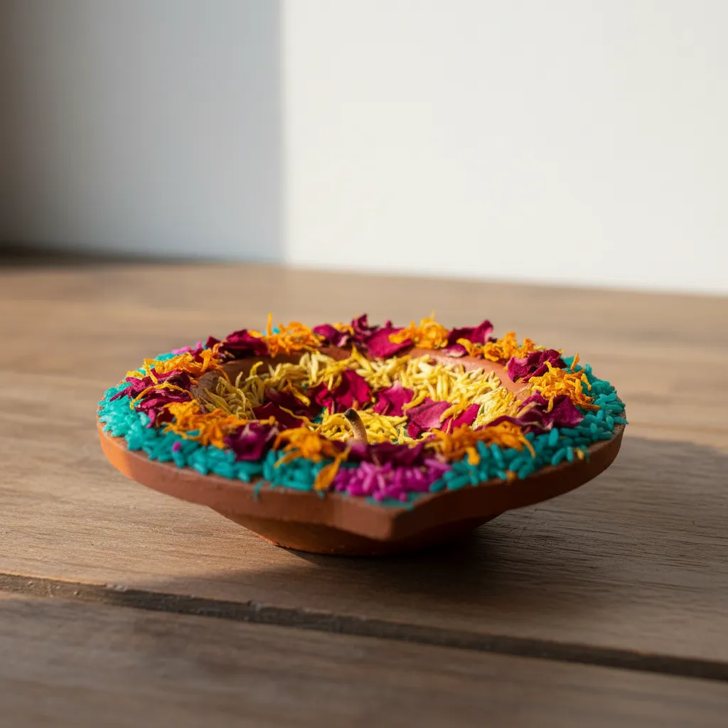 Diya decorated with flower petals and colored rice