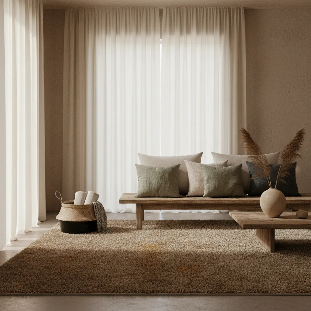 Minimalist living room with wooden bench sofa pillows large brown rug basket and white curtains