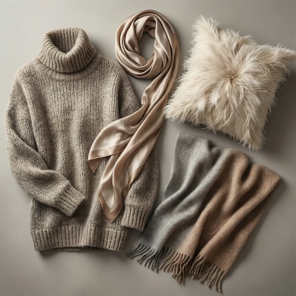 collection of wool sweaters silk scarf and feather pillow showing fabrics carpet beetles eat