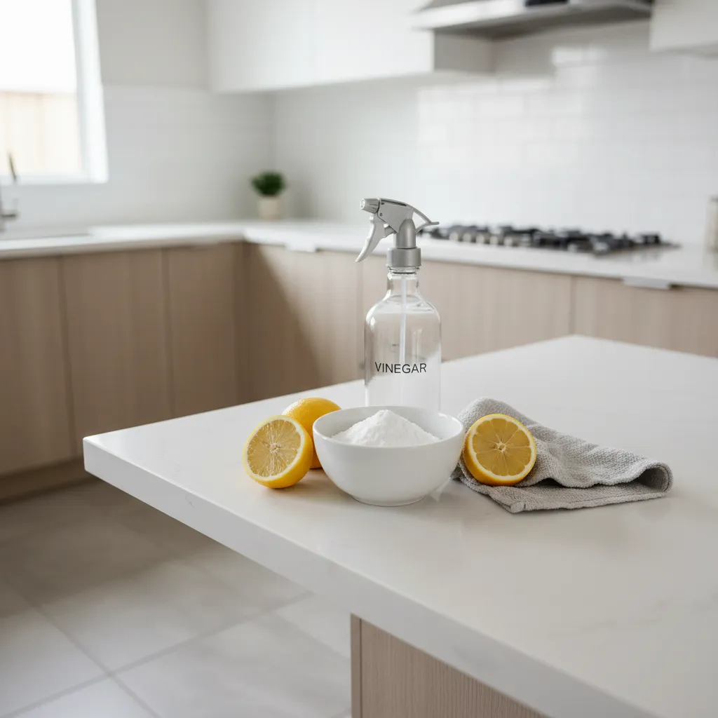 Baking soda vinegar and lemon natural cleaners for kitchen grease removal