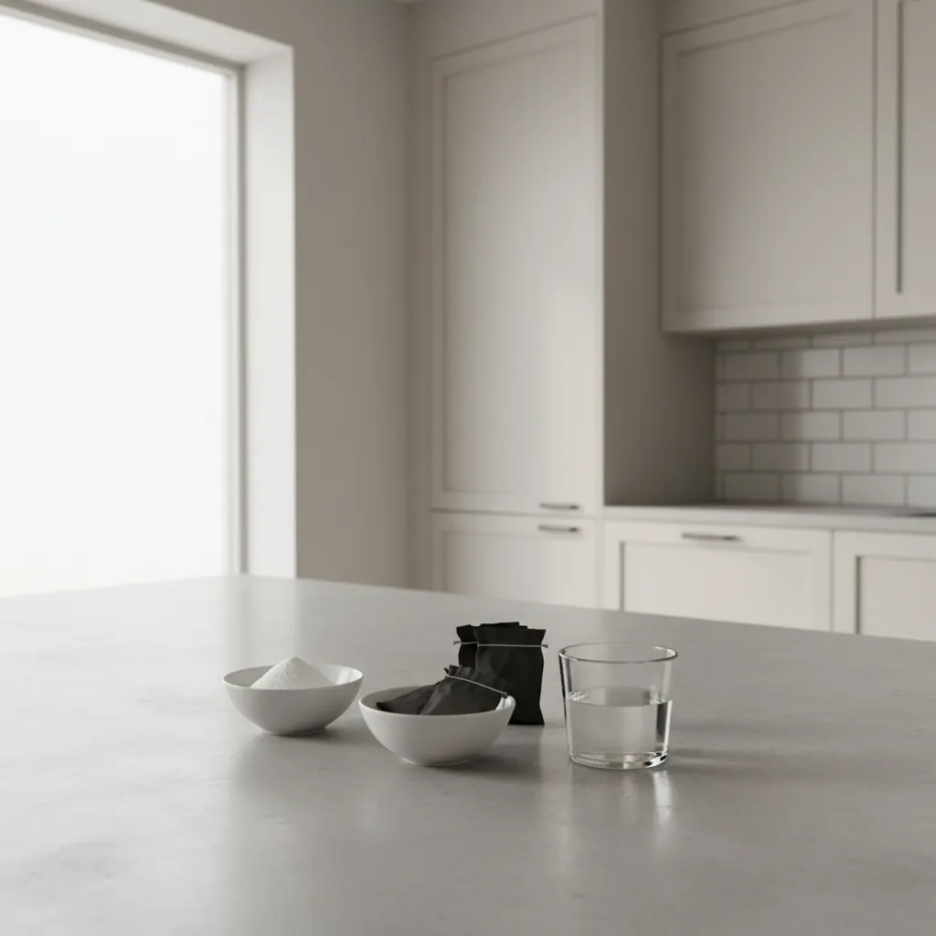 bowls of baking soda vinegar and charcoal used as natural kitchen odor absorbers