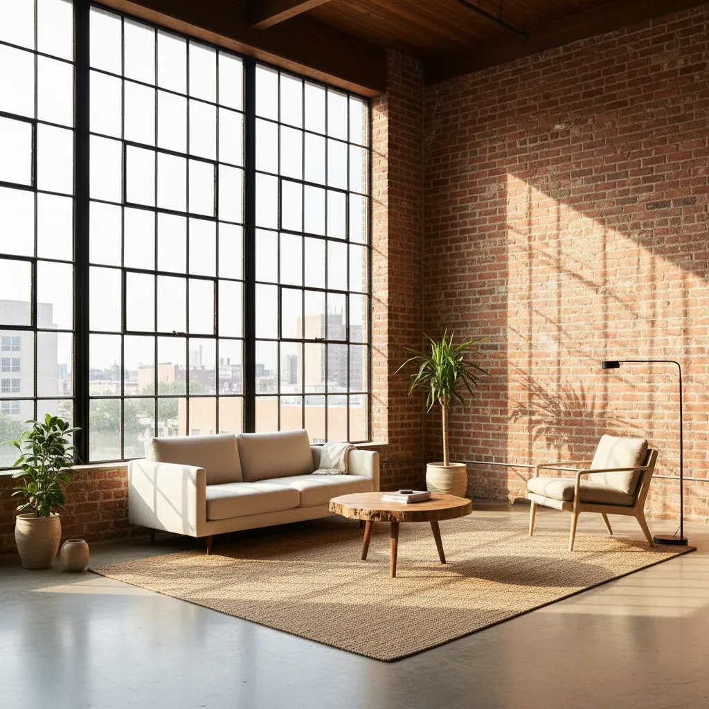 Sunlight illuminating exposed brick wall through large window