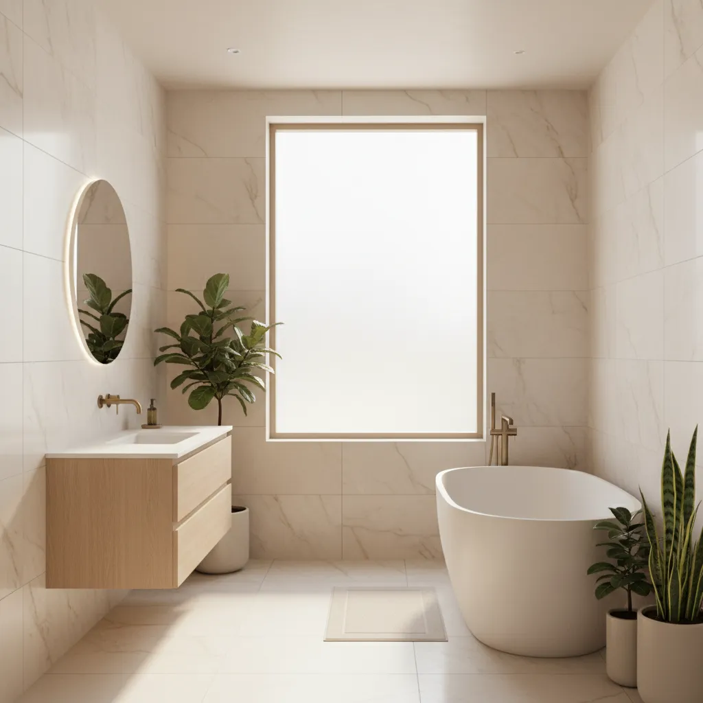 Cream bathroom with diffused natural light through frosted window