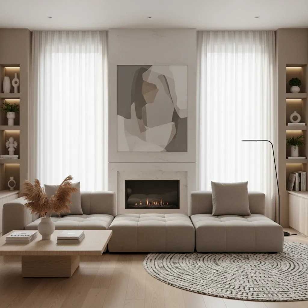 Living room showing balanced daylight around fireplace seating area