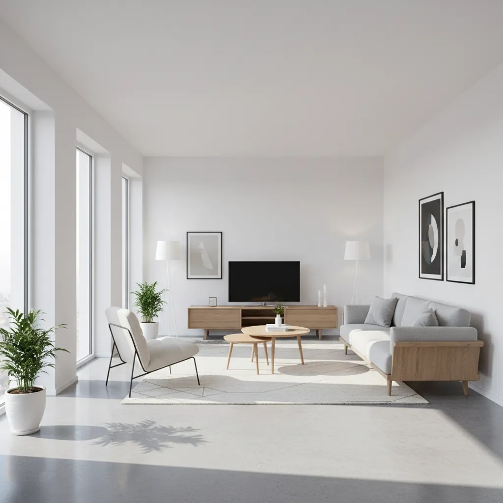 Natural daylight entering a living room with grey floors and white walls
