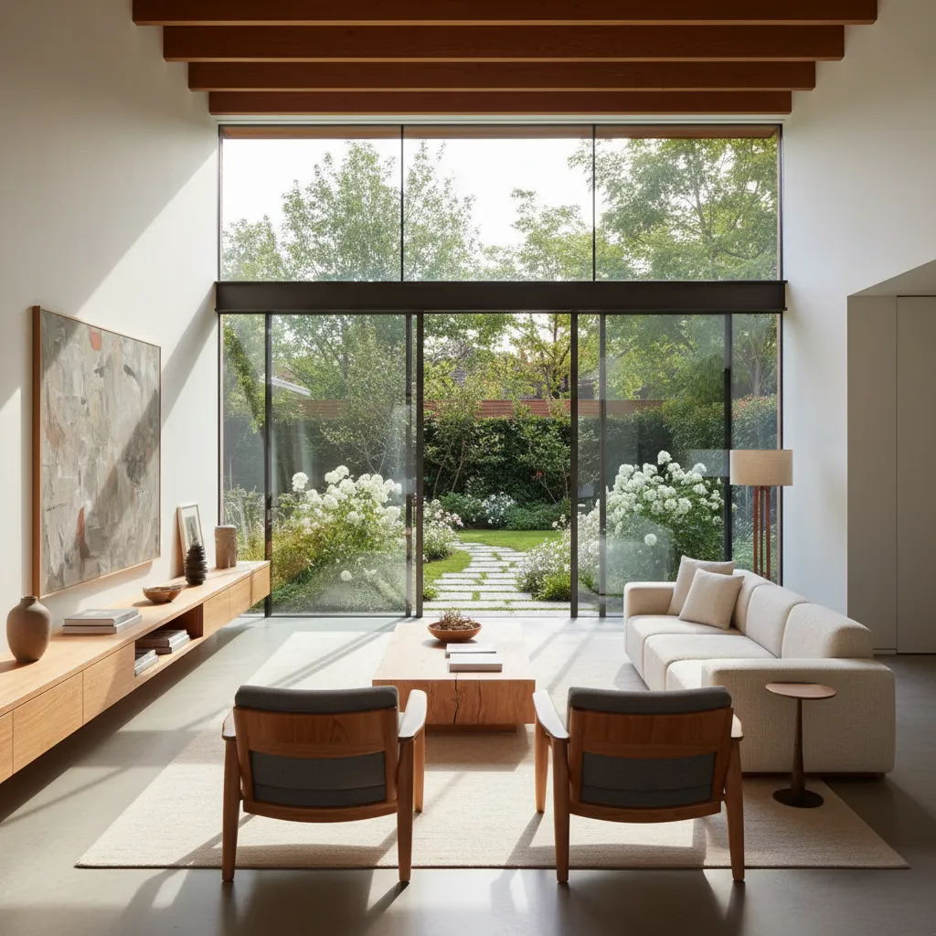 Modern living room with white sofa wooden furniture large windows looking into a green garden