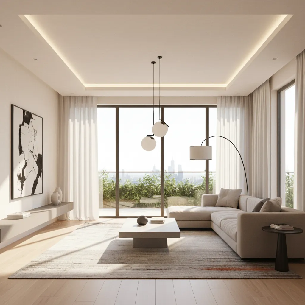 modern living room showing natural sunlight entering through large windows