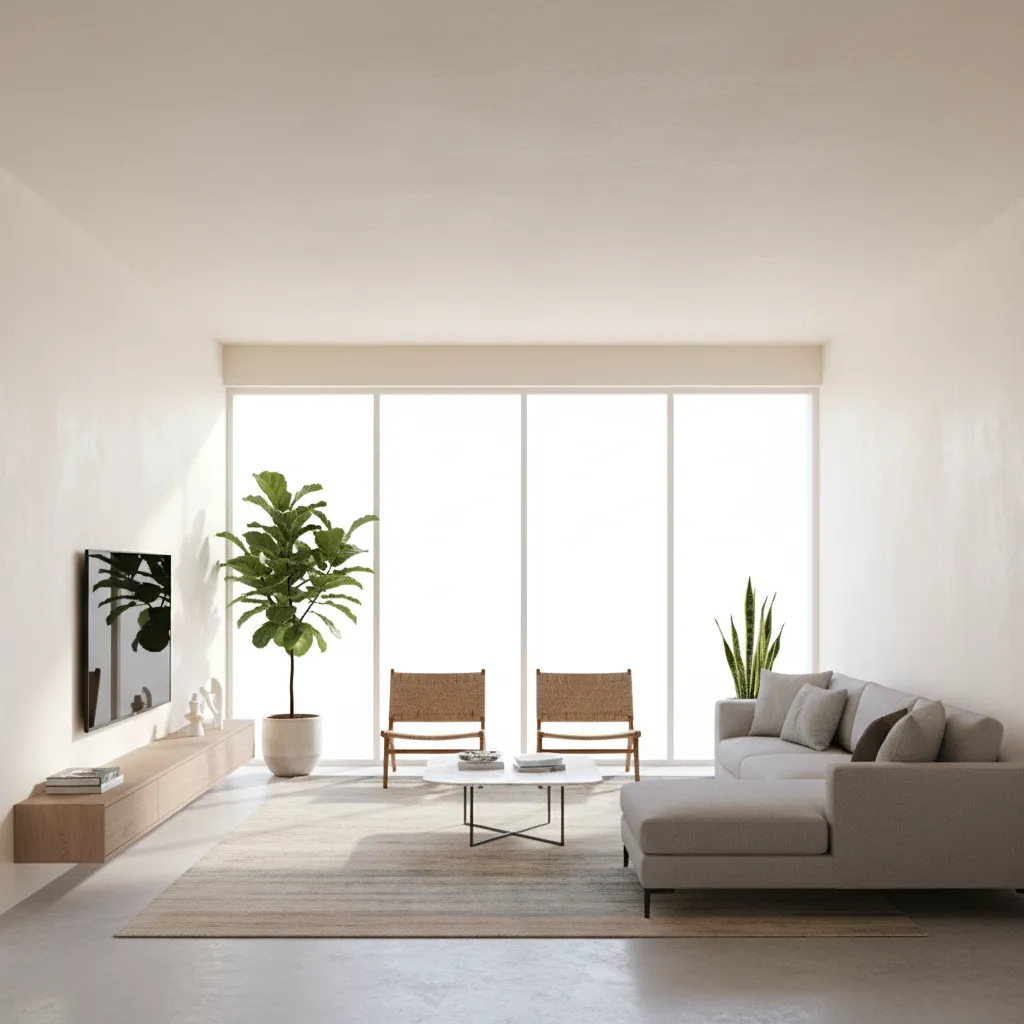 Bright minimalist living room with grey sofa potted plants wooden cabinet and large glass windows