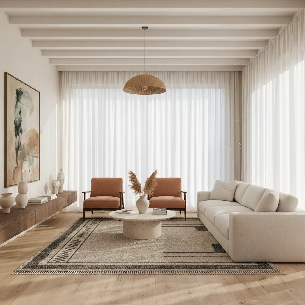 Interior luminoso con grandes ventanas y cortinas ligeras