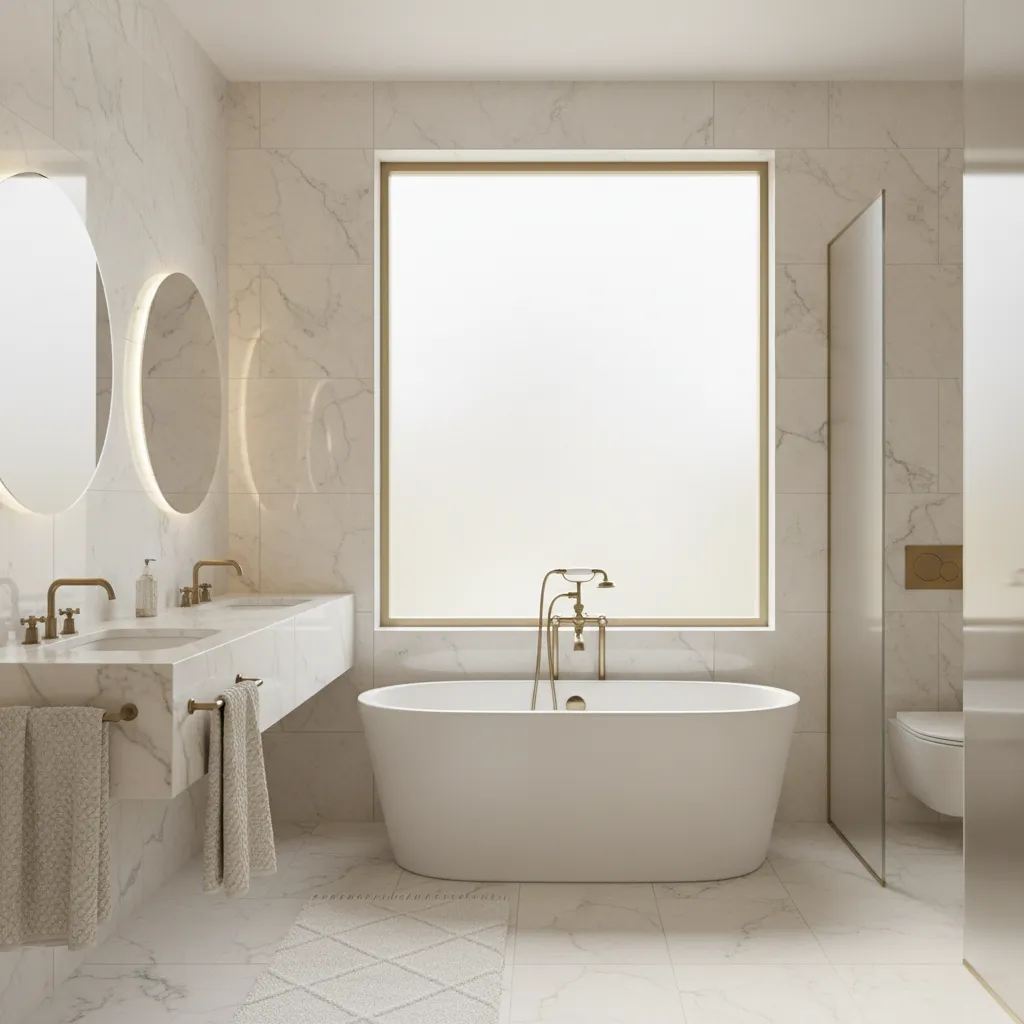 Ivory bathroom with natural daylight coming through frosted window