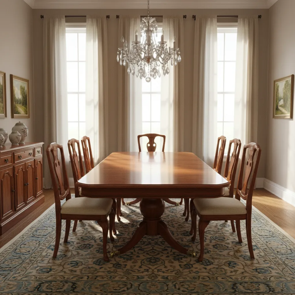 Natural daylight illuminating a mahogany dining table near windows
