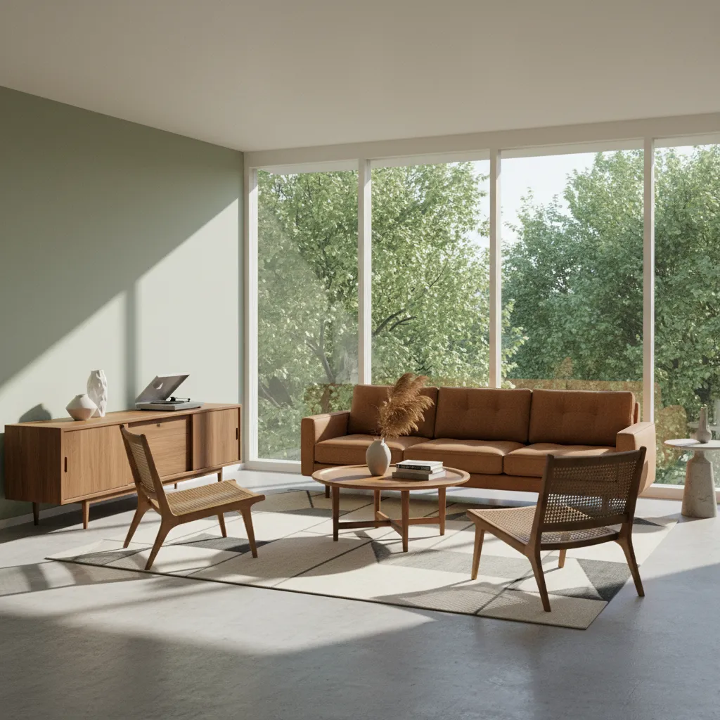 Bright mid century modern living room with natural daylight affecting wall color