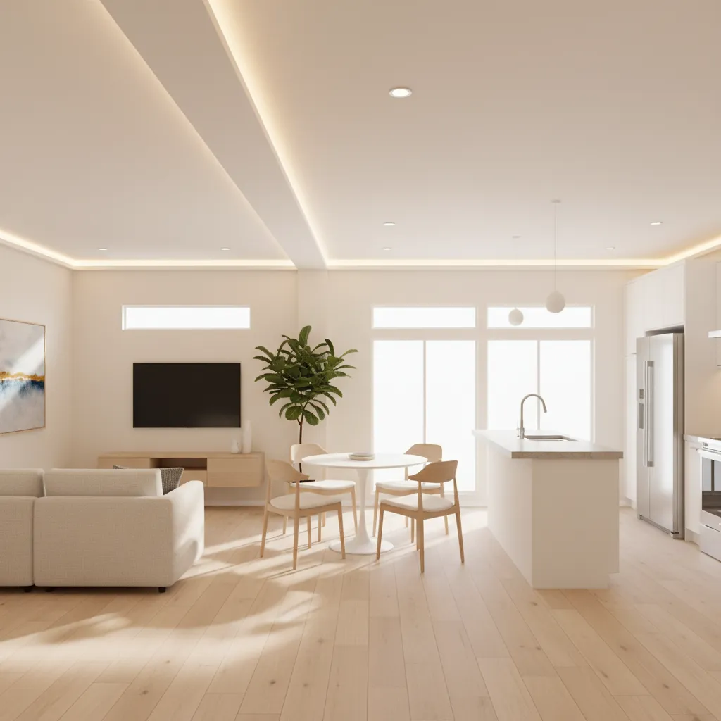 single wide home interior showing daylight balanced with interior lighting