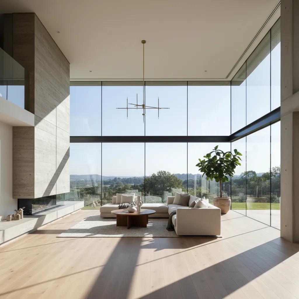 Interior de casa moderna con abundante luz natural entrando por grandes ventanas