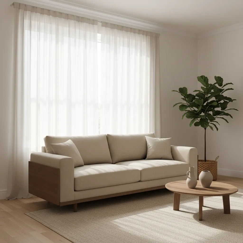 Neutral living room with soft daylight through sheer curtains
