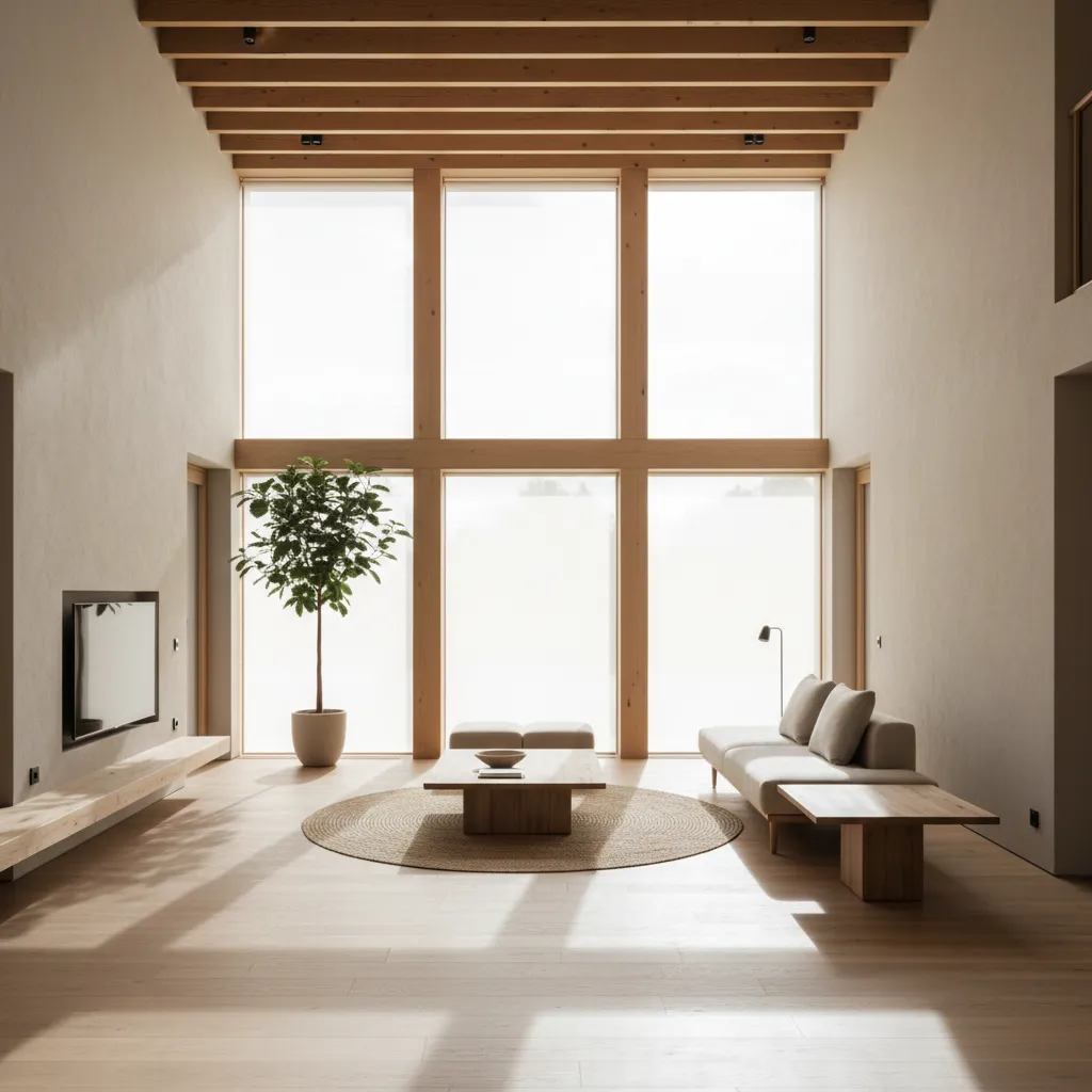 Interior abierto con gran entrada de luz natural y materiales sostenibles