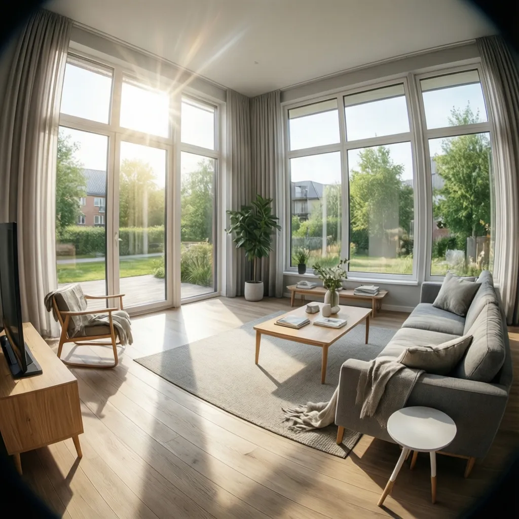 interior residencial con grandes ventanales y abundante luz natural