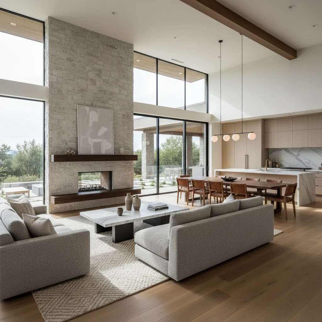 Interior de casa de una planta con grandes ventanales y mucha luz natural