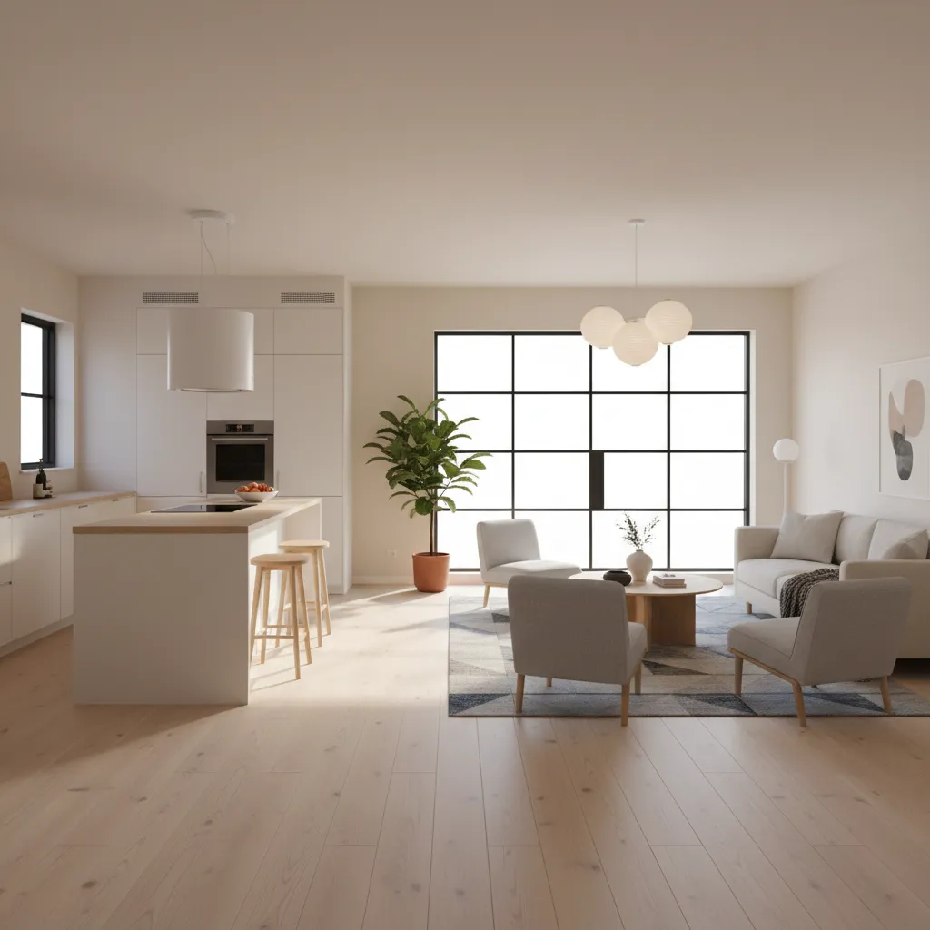Compact open floor plan with large windows improving natural light