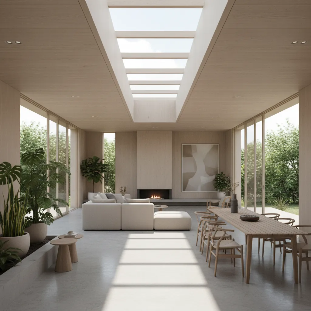 House interior with skylight and cross ventilation windows bringing natural light