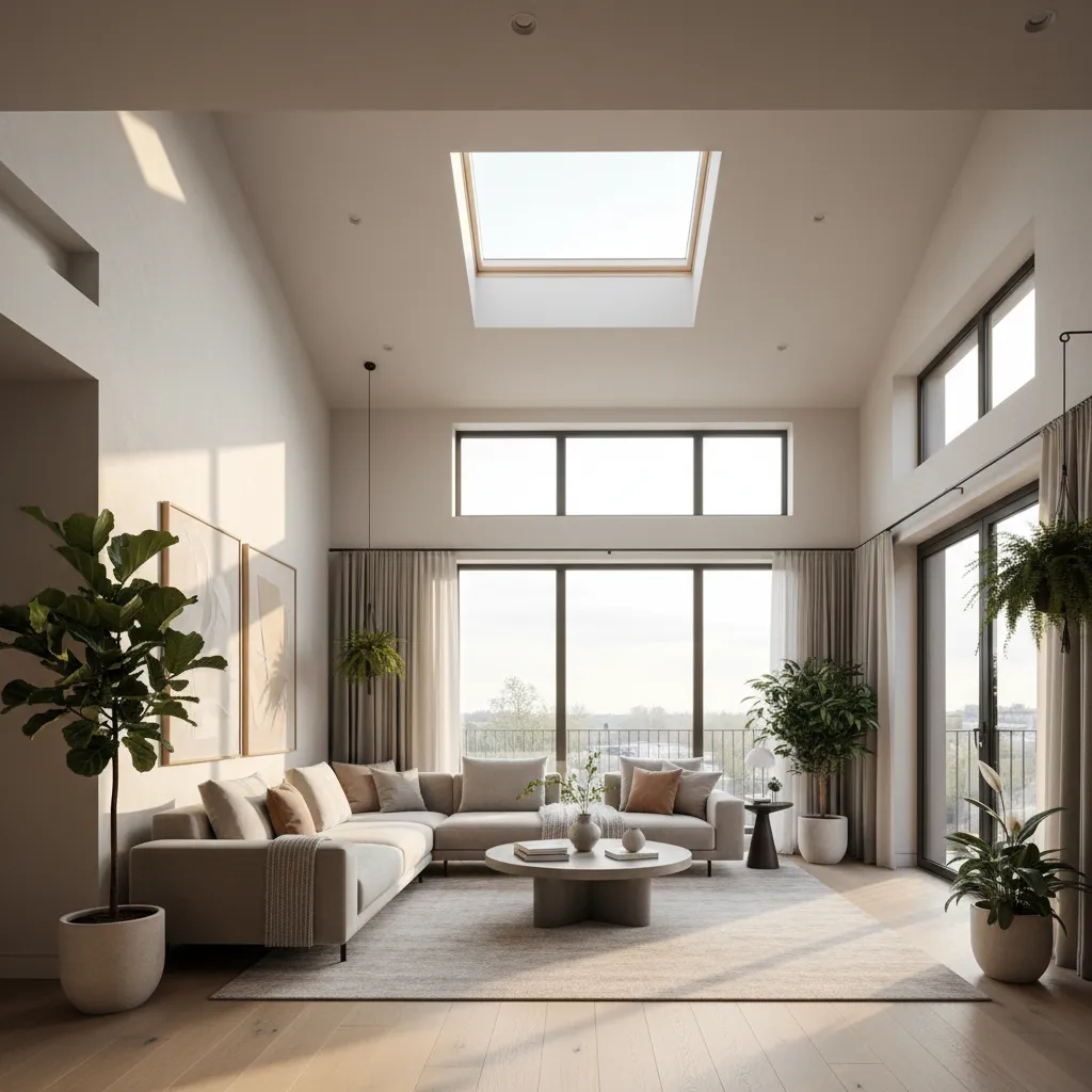 Bright modern living room with beige sofa green plants roof window and large glass doors