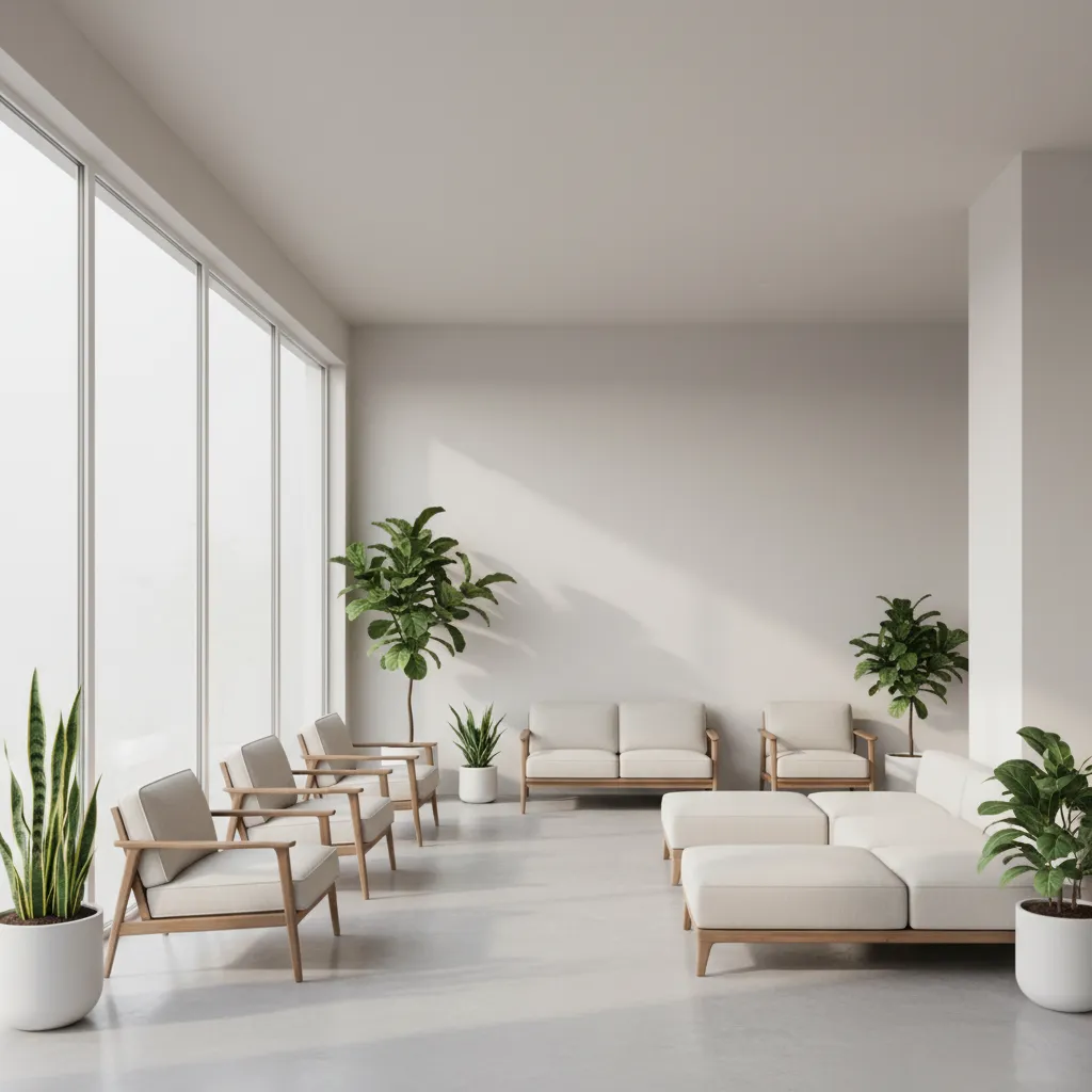 Waiting room with large windows showing natural light affecting wall colors