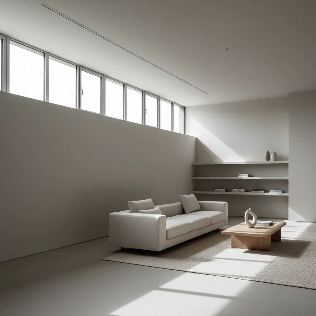 Minimalist living room with cream sofa wooden coffee table and high windows letting in sunlight