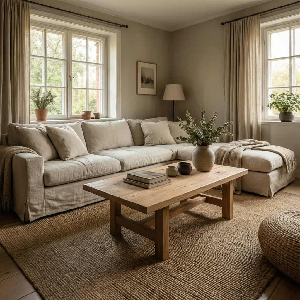 Salón con sofá de lino, mesa de madera clara y alfombra de fibras naturales