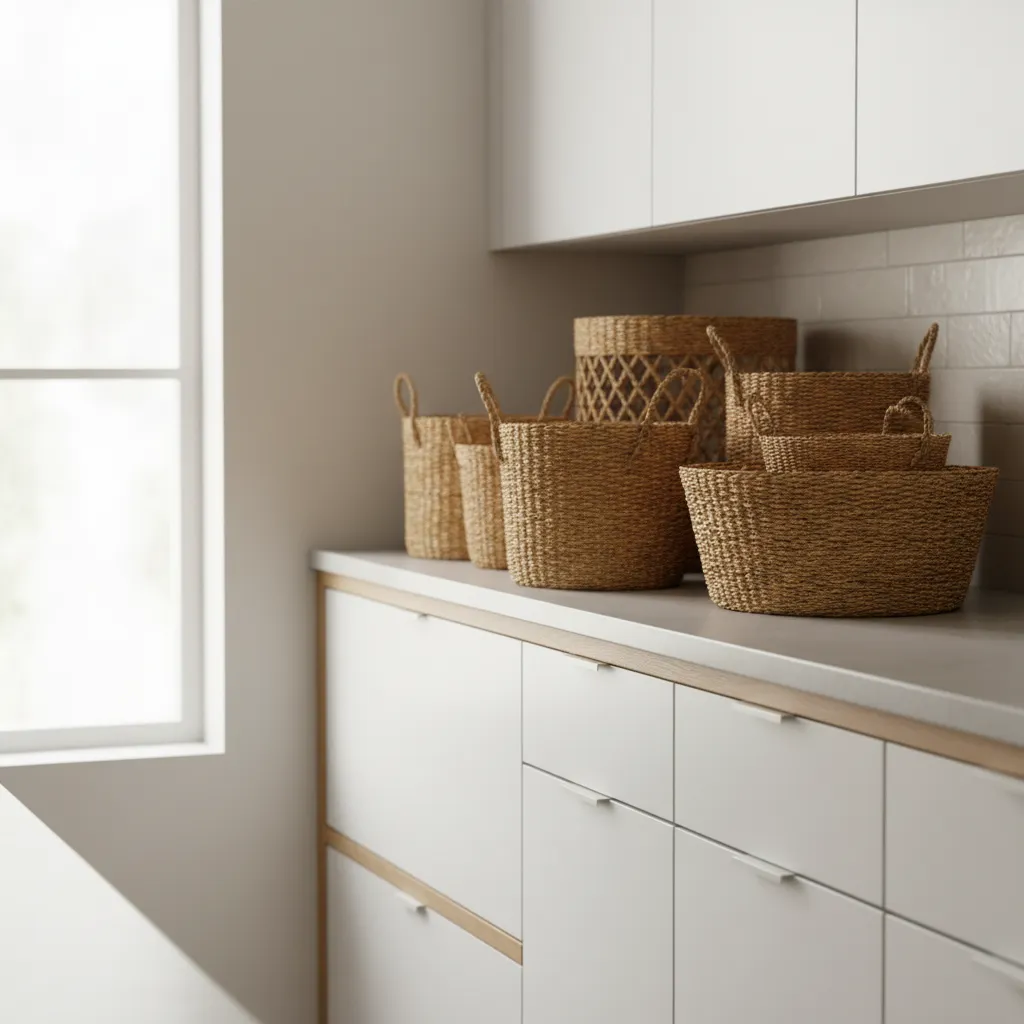 Seagrass and rattan baskets used in modern kitchen styling
