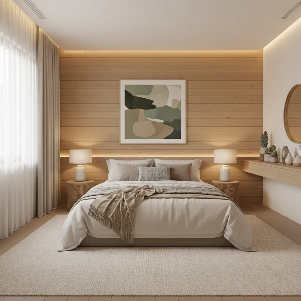 Natural wood bedroom with white bedding, abstract art, table lamps, woven side tables, and curtains