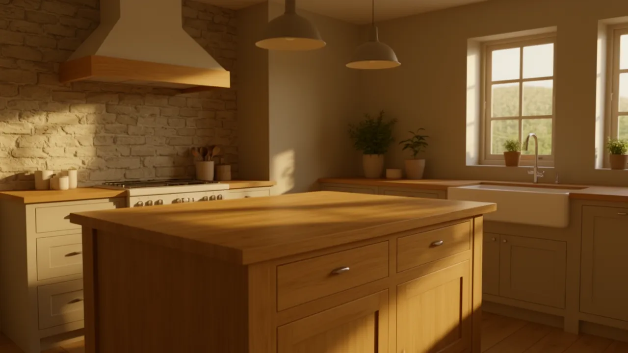 Country kitchen featuring butcher block countertop and natural wood materials