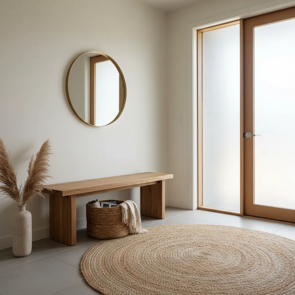 Recibidor con banco de madera y alfombra de fibras naturales