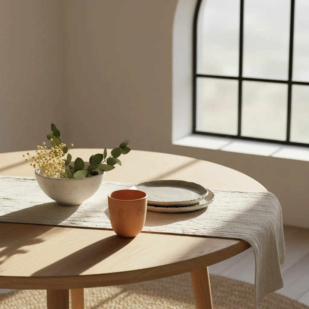 Detalle de mesa de madera clara con decoración de lino y cerámica