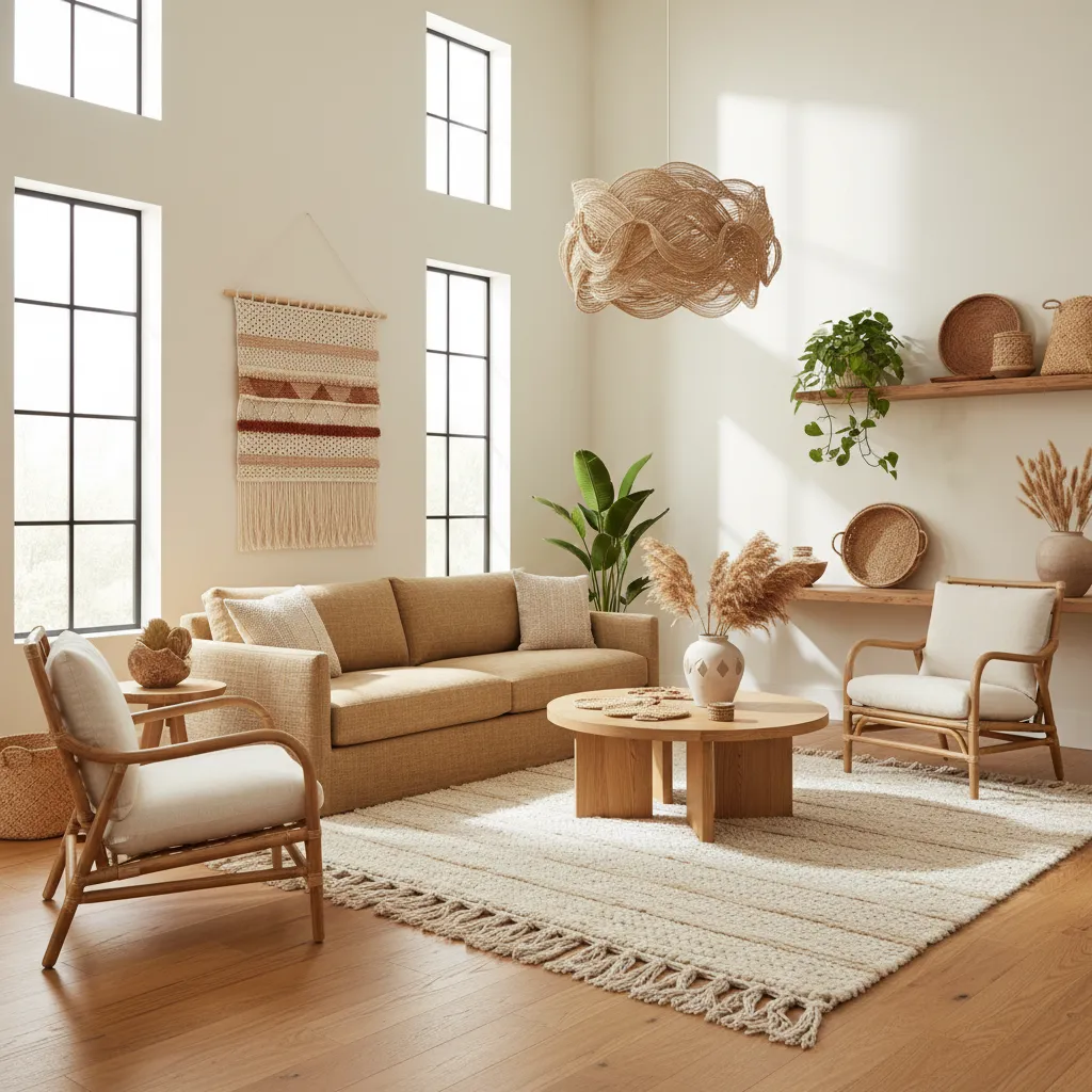 muebles de madera natural y fibras vegetales en interior contemporáneo