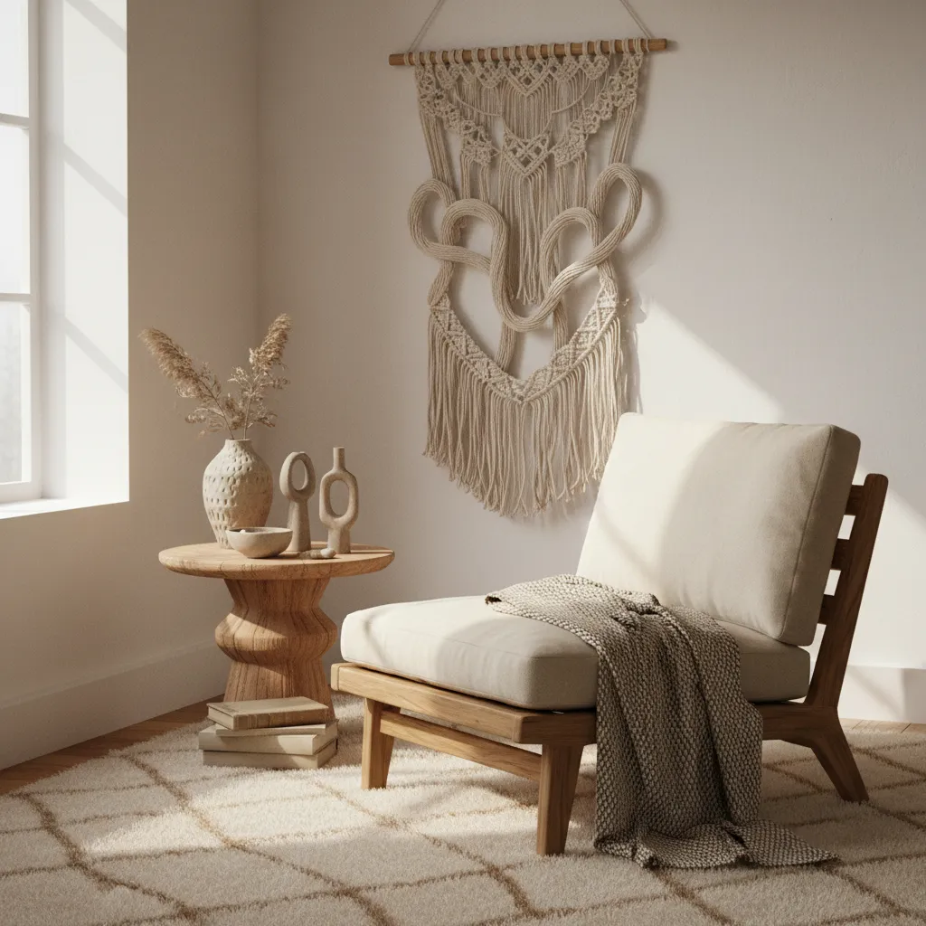 Cozy reading nook with wooden chair, side table, wall decoration, and warm light from window