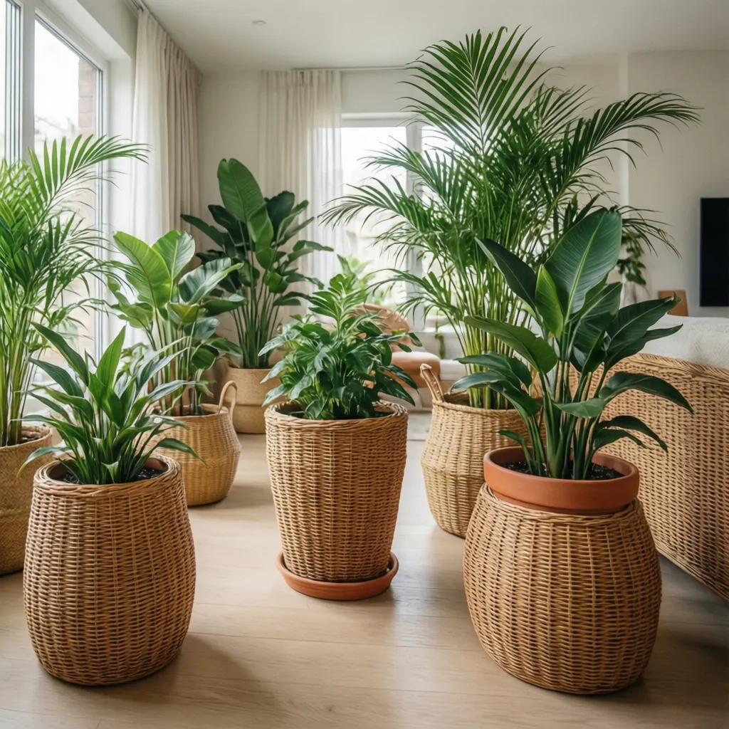 Cubre macetas de fibra natural y cerámica en interior luminoso