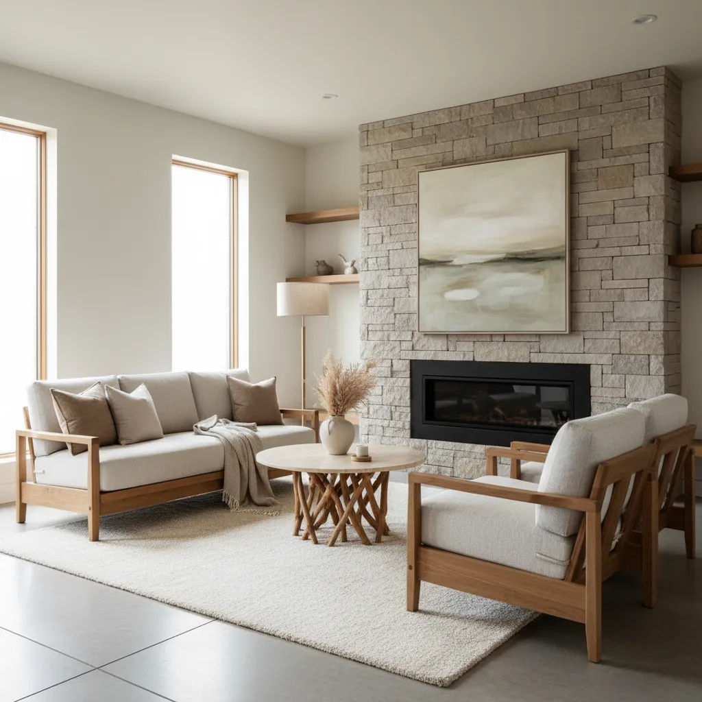 Interior moderno con madera natural y textiles neutros