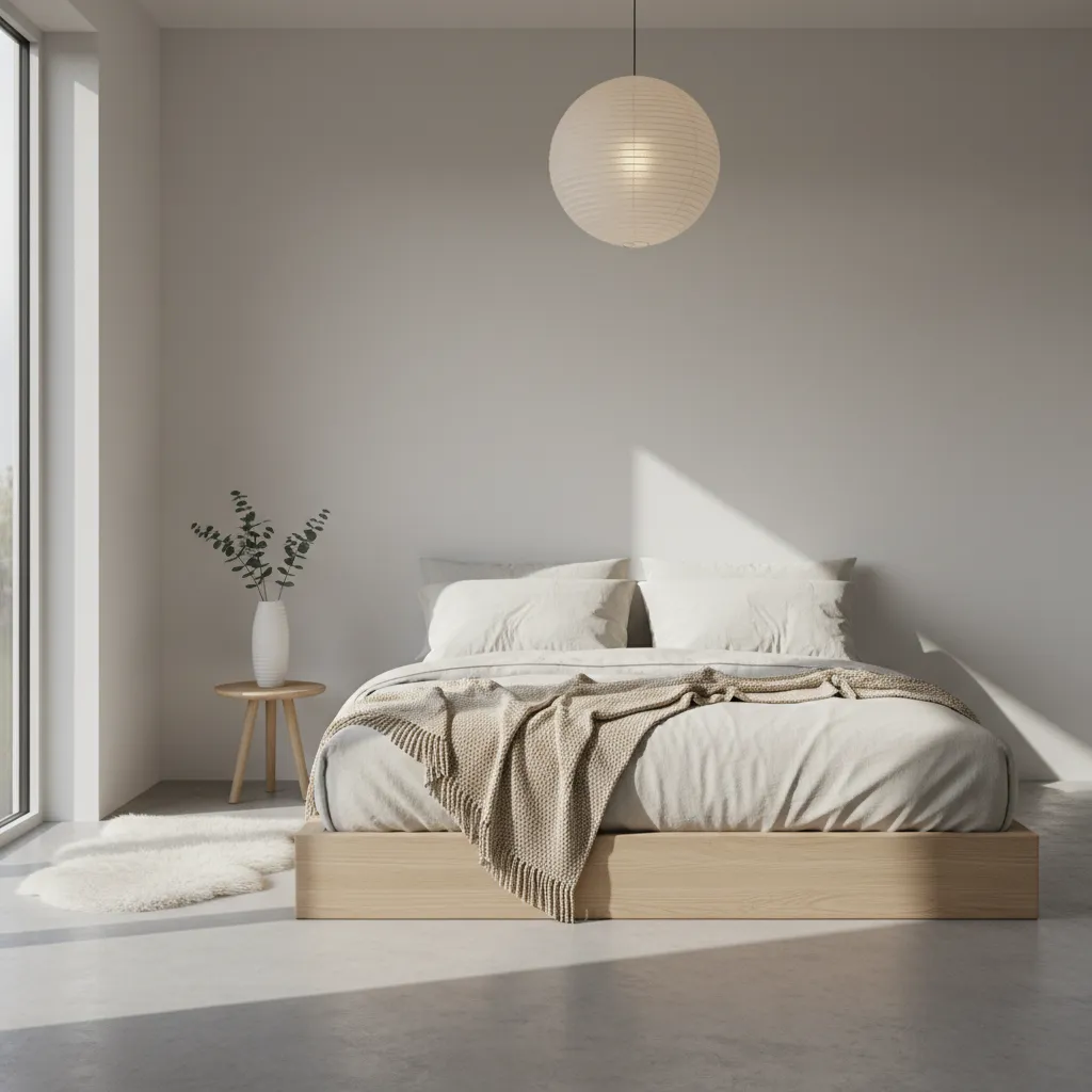 Dormitorio con madera, lino y decoración natural