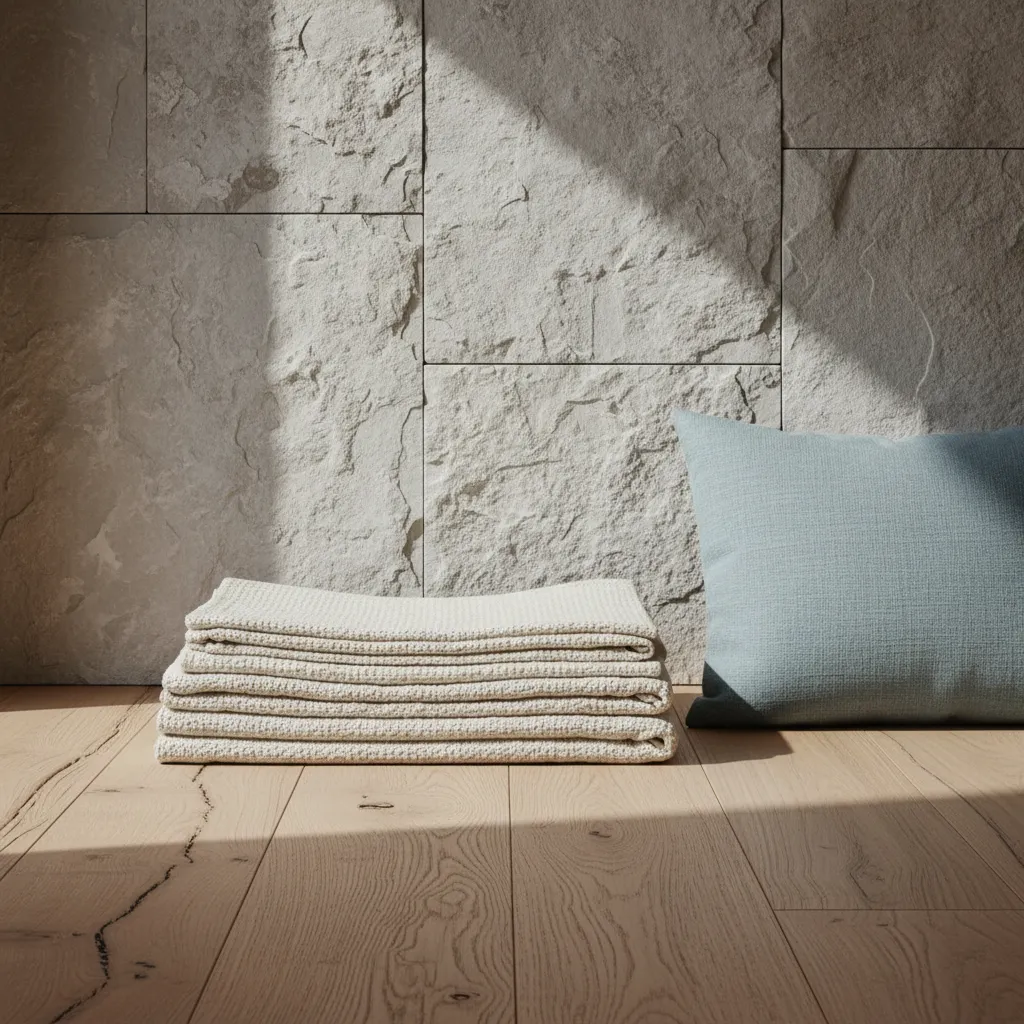 Interior con materiales naturales como madera, lino y piedra